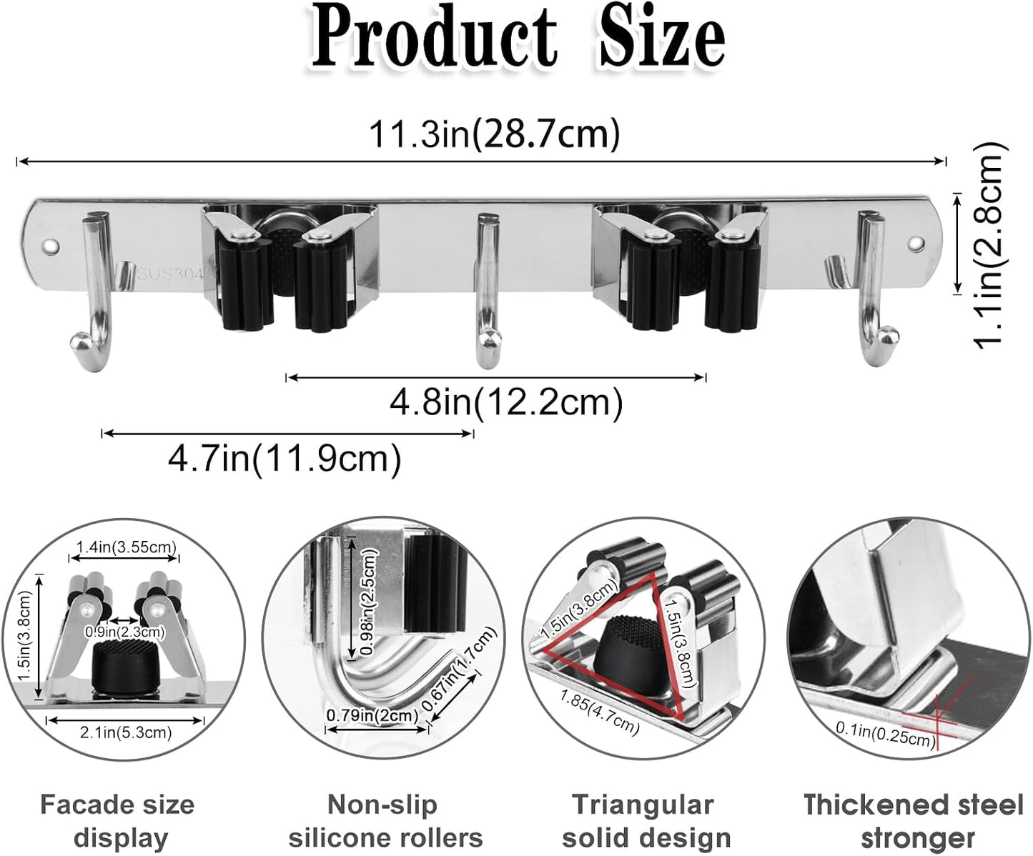 AceMining Broom Holder Wall Mount, 5 Racks 4 Hooks Heavy Duty Mop Organizer | Mop Holder Wall Mount and Broom Hanger for Garage, Laundry Room, Kitchen and Utility Storage