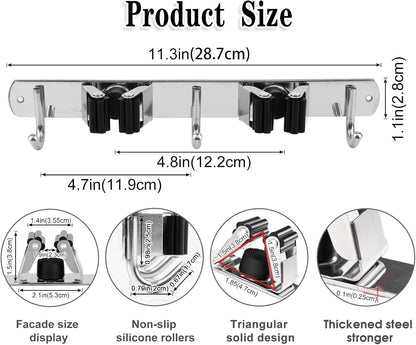 AceMining Broom Holder Wall Mount, 5 Racks 4 Hooks Heavy Duty Mop Organizer | Mop Holder Wall Mount and Broom Hanger for Garage, Laundry Room, Kitchen and Utility Storage