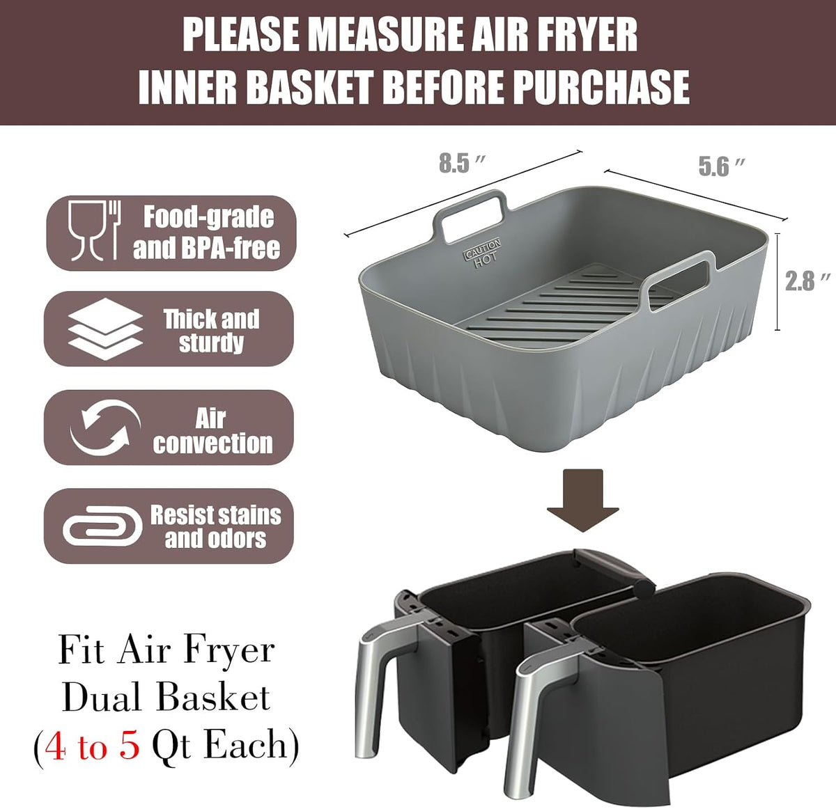 Golden Associate Silicone Liners Square for 8 to 8.5 inch Air Fryer, 2 Pcs Non-stick Food-grade Reusable Basket Baking Tray Airfryer Accessories