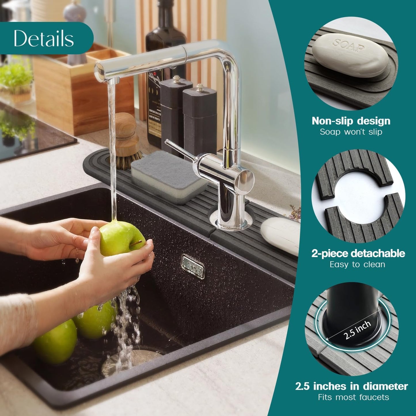 Diatomite Sink Splash Guard - DryingNeat Kitchen Faucet Mat, Instant Dry Water Absorbing Stone Tray for Sink, Durable Protector for Kitchen Bathroom Counter [Light Grey, 17.7" x 3.9"]