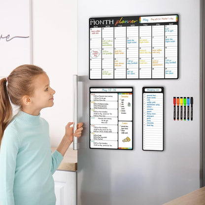 Magnetic Dry Erase Monthly Calendar Set - 15.5"x13" Monthly and 8.5"x13" Weekly Calendar for Fridge - 6 Extra Fine Point Markers Included - Shipped Flat