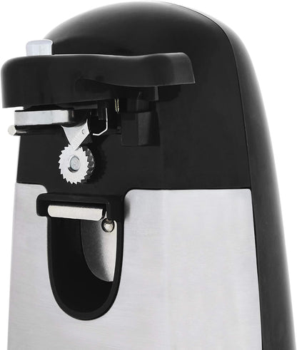 Amazon Basics 3-In-1 Electric Can Opener, Bottle Opener and Knife Sharpener with Stainless Steel Blade, Magnetic Lid Holder, Safe, Easy to Use, Powerful, Sleek Design, 50W, Black