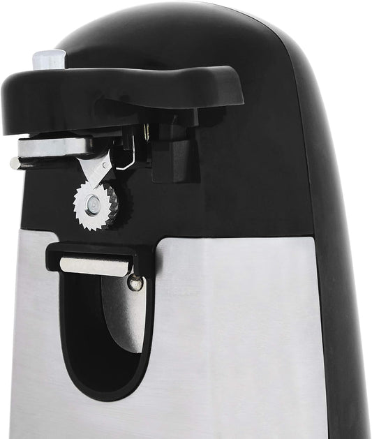 Amazon Basics 3-In-1 Electric Can Opener, Bottle Opener and Knife Sharpener with Stainless Steel Blade, Magnetic Lid Holder, Safe, Easy to Use, Powerful, Sleek Design, 50W, Black