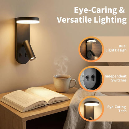 Wall Mounted Reading Lights for Bedroom - Independent Switch, 350° Adjustable Bedside Lamps Set of 2, Hardwired Installation LED Wall Sconces for Living Room, Study Room