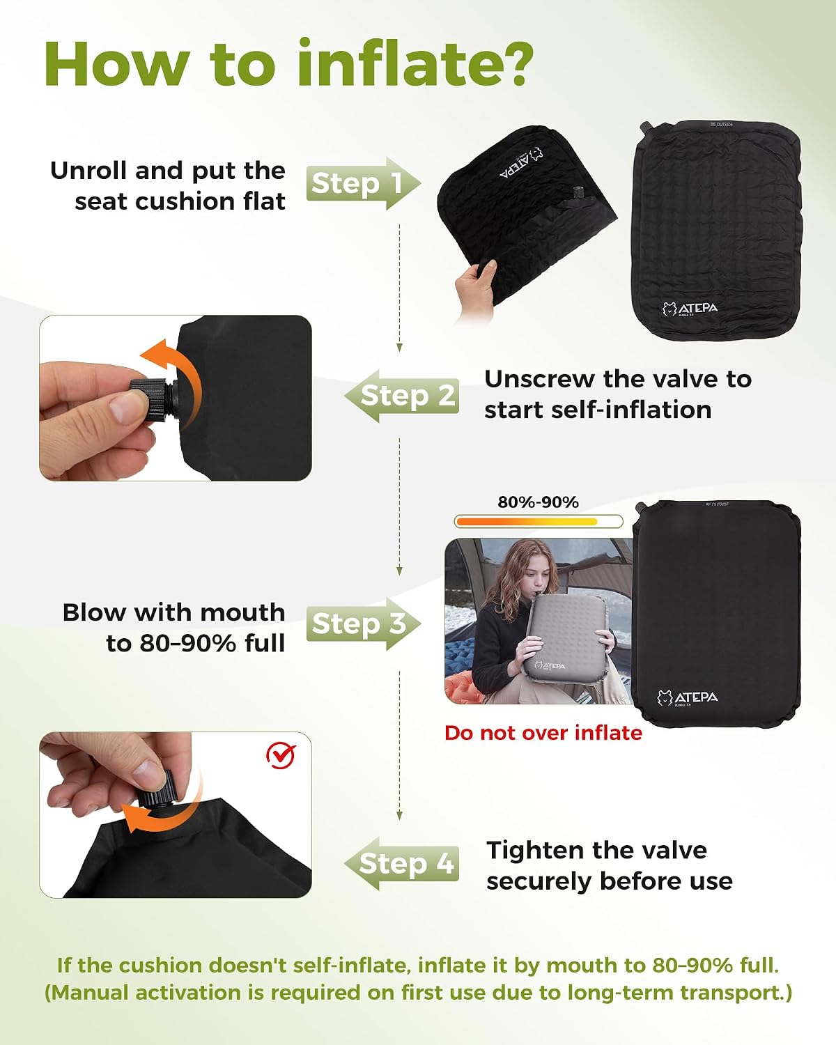 ATEPA Inflatable Seat Cushion | 2" & 2.5" foam core seat pad, Self inflating, Compact, Stadium, Airplane, Travel, Camping, Hiking, Sports events