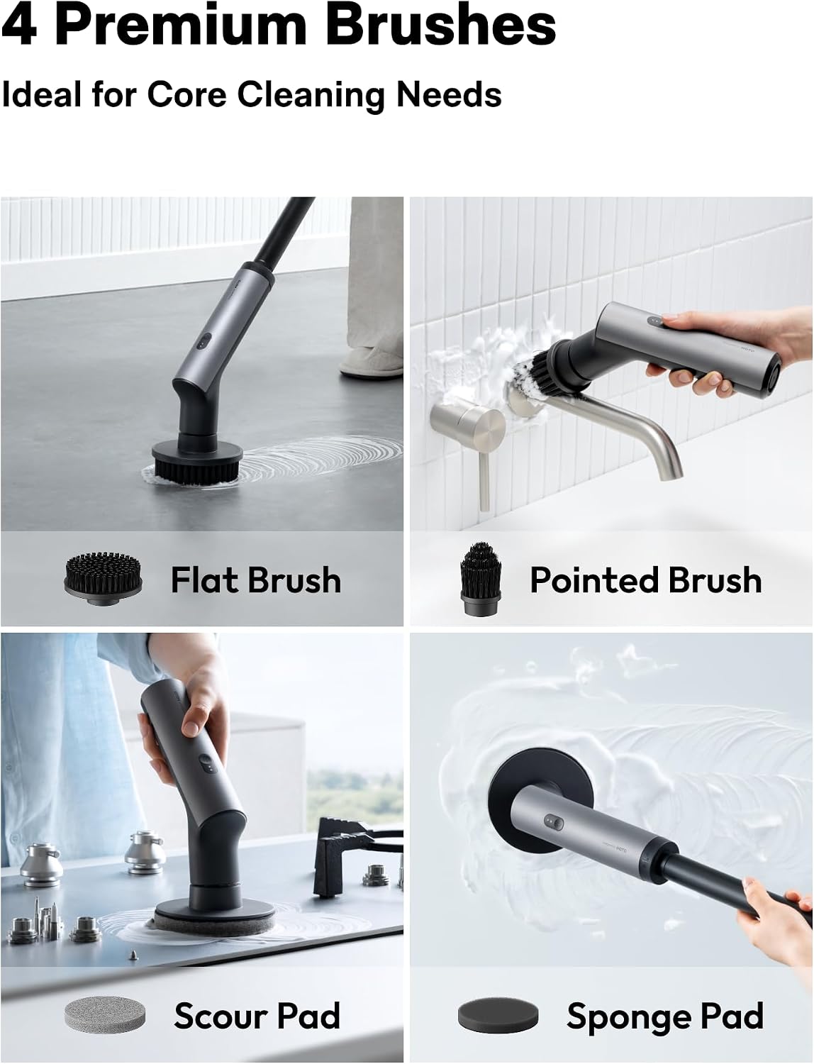 HOTO Swift™ Easycare Cordless Electric Spin Scrubber, for Bathroom, Tile | Extendable Handle, IPX7 Waterproof, with 4 Brush Heads, Shower Scrubber