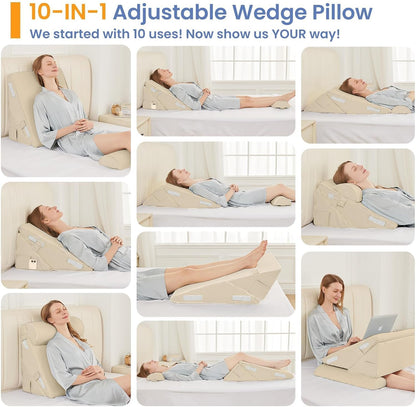 Sasttie Adjustable Wedge Pillow Set for After Surgery, Dark Grey & White | Bed Wedge Pillow Headboard with Memory Foam Neck Cushion, for Acid Reflux, Sleeping, Neck & Back Support