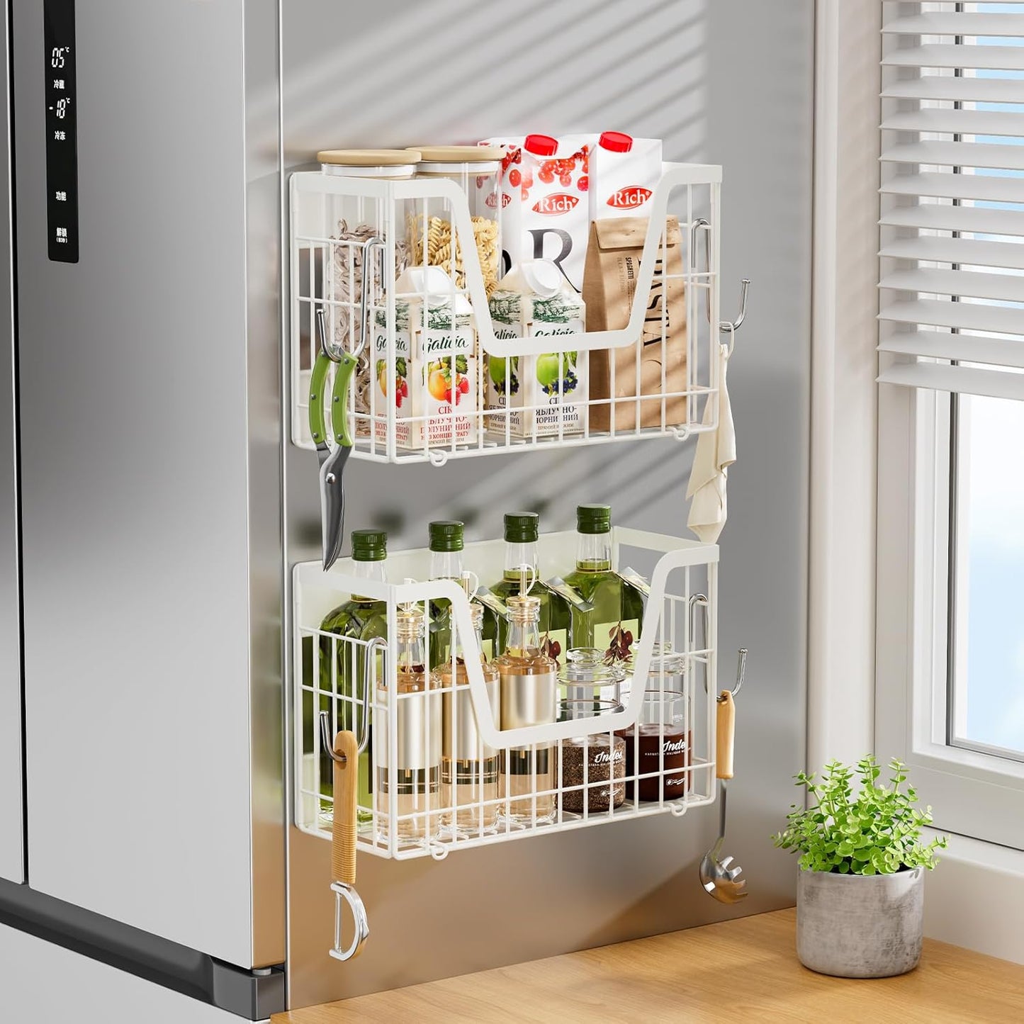 Magnetic Shelf for Fridge, Fruit Basket Magnet Shelves with 2 Hooks | Potato and Onion Storage Bins, Black Magnetic Organizer Side of Fridge Storage, Magnetic Spice Rack for Refrigerator Kitchen