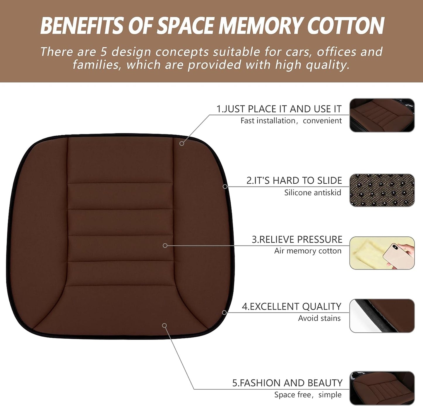 Car Seat Cushion Pad 1.2" Thick Comfort Seat Protector for Car Driver Seat Office Chair Home Use Memory Foam Seat Cushion with Non Slip Bottom, 20'' x 18.5'', Black