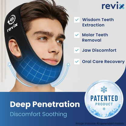 REVIX Wisdom Teeth Ice Pack Head Wrap for Face, Jaw & Chin Relief, Black | For Oral Surgery, Tooth Extraction, TMJ & Teeth Removed, 4 Reusable Hot & Cold Gel Packs, 3D Snug Fit