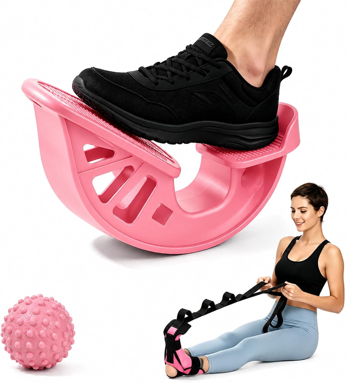 3-in-1 Calf Stretcher & Foot Rocker Kit, Portable Physical Therapy Tool with Leg Stretch Strap & Foot Massage Ball, Relief for Plantar Fasciitis, Achilles Tendonitis, Heel Pain, Yoga, Running