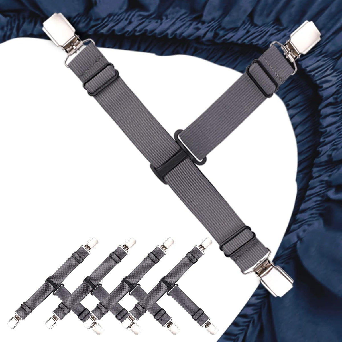 Upgrade Design Bed Sheet Straps 4/ Adjustable Fitted Sheet Clips Sheet Holders for Corners Sheet Fasteners (Grey, One Size)