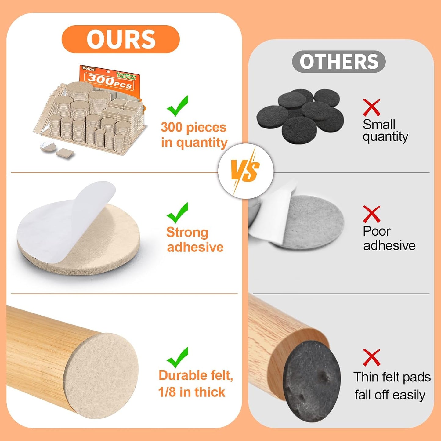 Felt Furniture Pads 300 Pieces, Furniture Pads for Hardwood Floors Black | Self-adhesive felt pads prevent scratches and noise, ideal for chair legs, suitable for hardwood floors and indoor furniture