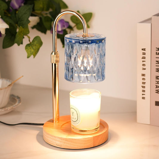 HAIDOLIANG Blue Candle Warmer Lamp with Timer and Dimmer | Height and Brightness Adjustable,Glass Electric Wax Warmer with 2 Bulbs for Women Gifts, Home Decor for Scented Jar Candles