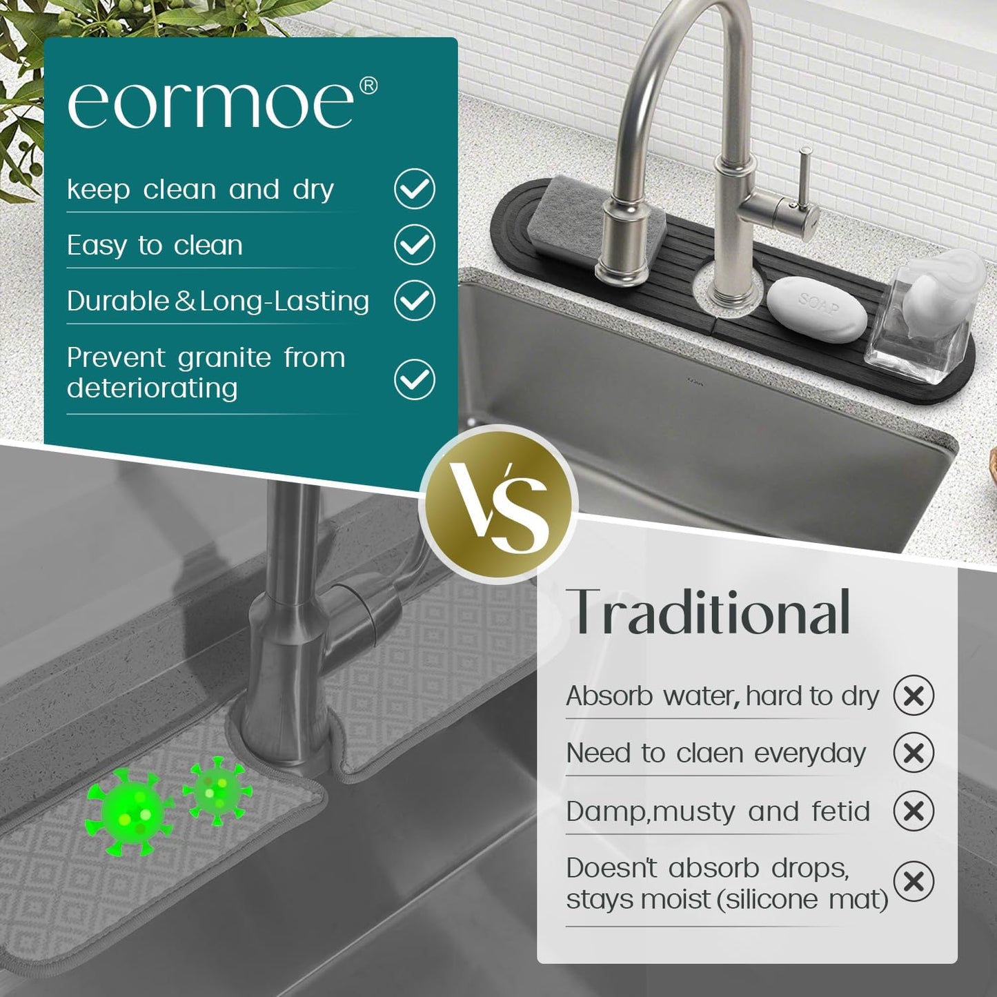 Diatomite Sink Splash Guard - DryingNeat Kitchen Faucet Mat, Instant Dry Water Absorbing Stone Tray for Sink, Durable Protector for Kitchen Bathroom Counter [Light Grey, 17.7" x 3.9"]