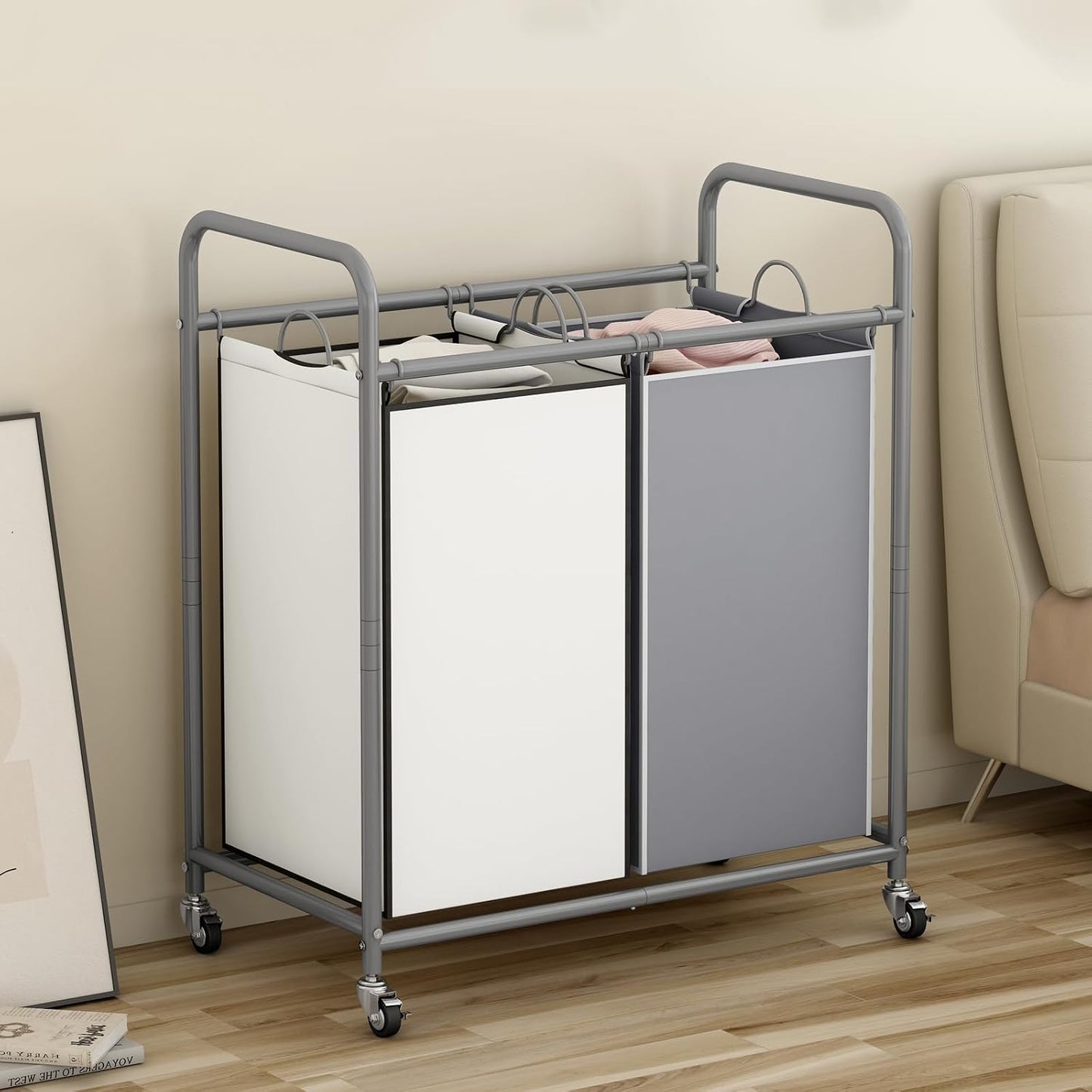 SUOERNUO Laundry Hamper with Lockable Wheels and 2 Removable Bags | Rolling Laundry Basket Laundry Sorter 2 section for Dirty Clothes in Laundry Room or Small Spaces, Grey+Beige