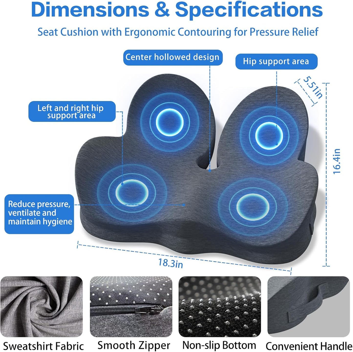 Memory Foam Seat Cushion for Sciatica & Tailbone Pain Relief – Comfort Support for Office Chair, Car Seat, Airplane, Long Sitting Workers & Drivers (Black)