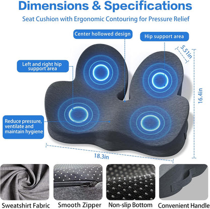 Memory Foam Seat Cushion for Sciatica & Tailbone Pain Relief – Comfort Support for Office Chair, Car Seat, Airplane, Long Sitting Workers & Drivers (Black)