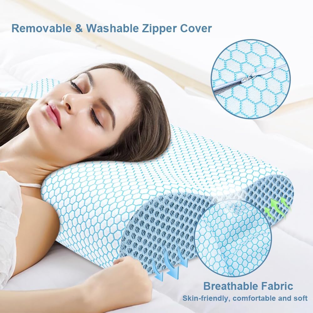 Anvo Memory Foam Pillow, Neck Contour Cervical Orthopedic Bed Pillow for Sleeping Side Back Stomach Sleeper, Ergonomic Design for Neck and Shoulder Pain Relief, Blue White, Firm