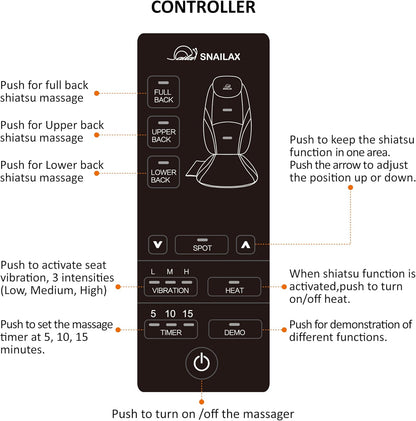 Snailax Shiatsu Back Massager with Heat, Deep Kneading Massage Chair Pad for Neck, Shoulders, Full Back & Waist, Adjustable Roller Massage Seat Cushion for Home Office, Pain Relief, Gift for Men Women