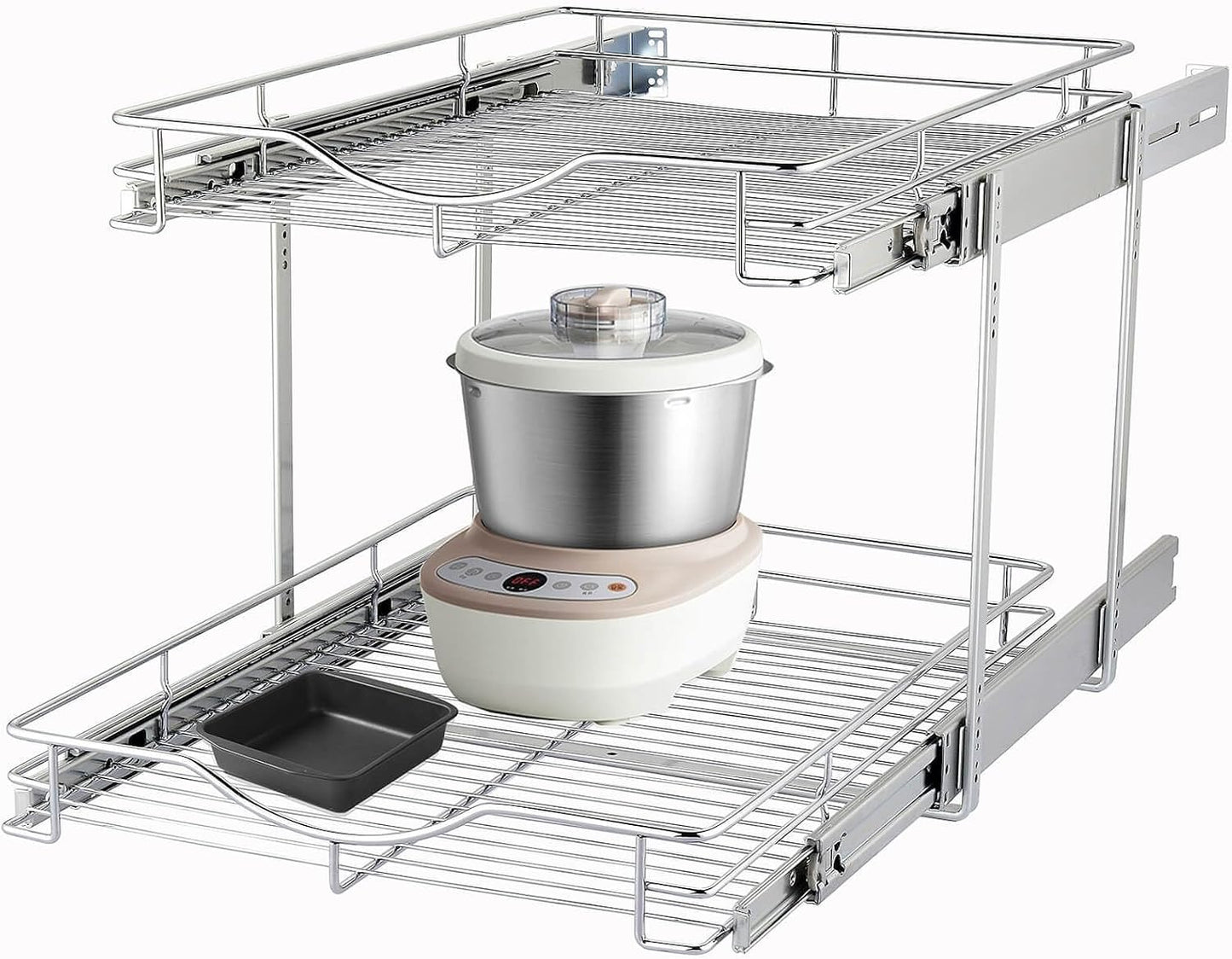DINDON 2 Tier Pull Out Cabinet Organizer (20" W X 21" D), Double Tier Wire Basket Slide Out Shelf Storage for Kitchen Base Cabinet Organization for Kitchen, Pantry, Bathroom, Chrome