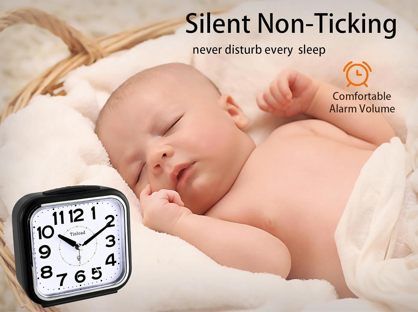 Tinload 5.5" Large No Ticking Analog Alarm Clock,Silent Readable for Seniors,Easy to Set,Gradual Rise Alarm,Big Numbers,Gentle Wake,Snooze, Lighted on Demand,Battery Operated,Black