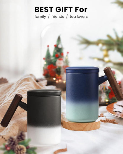 Tea Cup with Infuser and Lid,15 oz Ceramic Loose Leaf Tea Mug,Blue | All Ceramic Infuser &Wooden Handle,Hand Wash Only,Metal-Free,Lead-Free,BPA-Free,Warm Gift for Tea Lovers