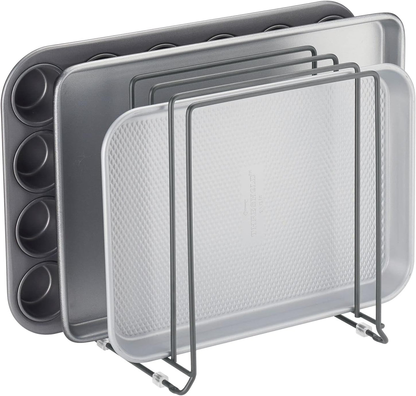 mDesign X-Large Steel Storage Tray Organizer Rack for Kitchen Cabinet - Divided Holder with 5 Slots for Skillets, Frying Pan, Pot Lids, Cutting Board, Baking Sheets - Concerto Collection - White