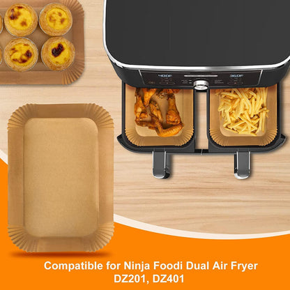 Air Fryer Liners Disposable for Ninja Dual, 8.6 x 5.5in, 100 Pcs | Rectangular parchment liners for Ninja DZ201/DZ401 and other dual-basket air fryers; nonstick, oilproof and easy to dispose