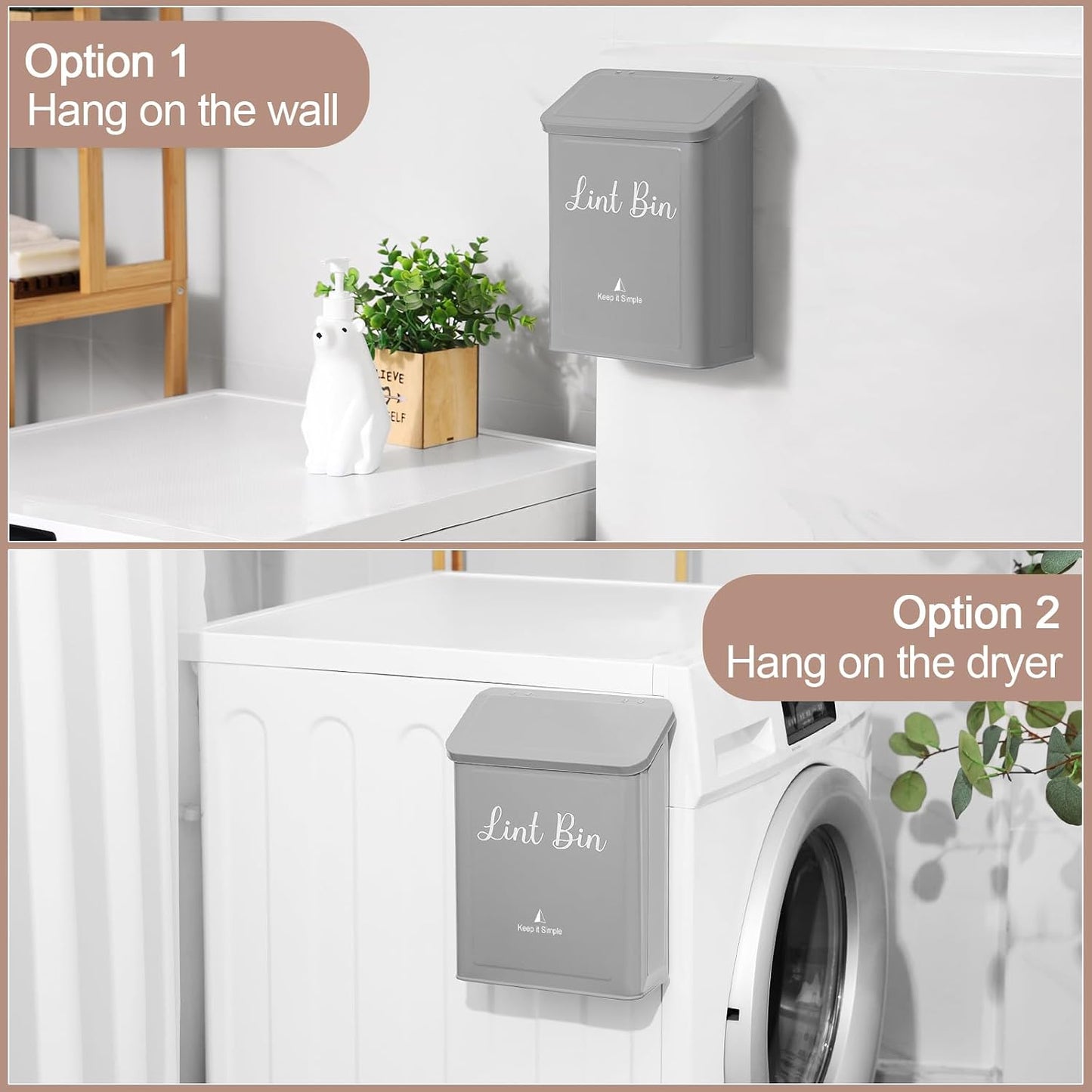 SUBEKYU Magnetic Lint Bin for Laundry Room Organization and Storage,White | Wall Mounted Metal Lint Box Holder Trash Can with Lid for Dryer,Lint Basket for Laundry Room Decor