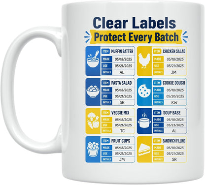 Meal Prep Date Labels Mug - Clear Labels Protect Every Batch - 11 oz Cerami