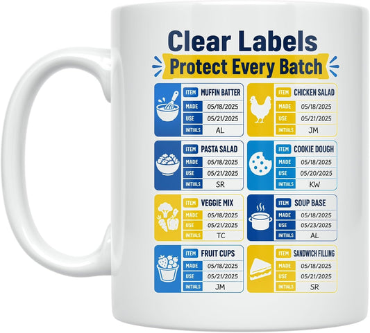 Meal Prep Date Labels Mug - Clear Labels Protect Every Batch - 11 oz Cerami