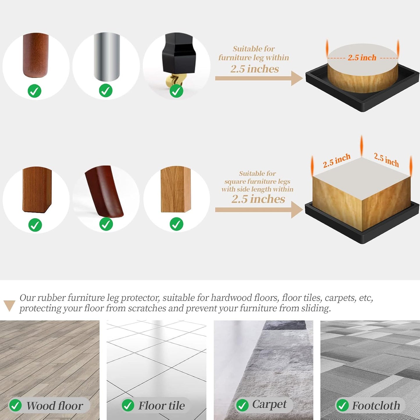 Furniture Coasters Caster Cups Rubber 3.5 inch Square No Slip Pads Hardwood Floors Protectors-for Furniture Legs Sofa Bed Piano Chair Feet Prevent Sliding Stoppers (4, Black Square 3.5 inch)