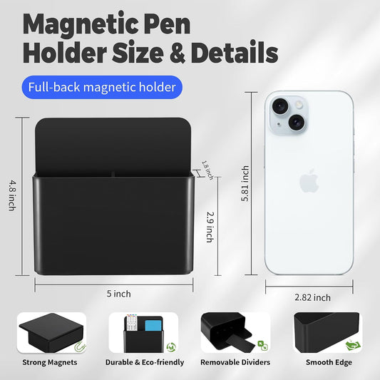 2 Pack Magnetic Pen Holder for Refrigerator & Whiteboard, Full-Back Magnet Dry Erase Marker Holder with Adjustable Divider, Magnetic Marker Holder for White Board Office Desk Locker Accessories, Black