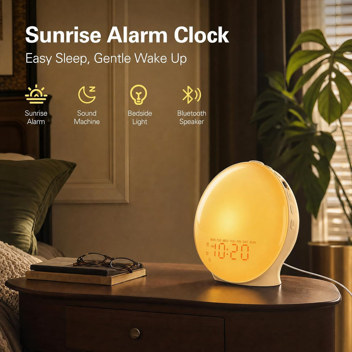 JALL Full-Screen Wake Up Light Sunrise Alarm Clocks for Bedrooms, White Noise Machine for Heavy Sleepers, 25 Natural Sounds, Dual Alarms, FM Radio, 17 Dimmable Colors, Bluetooth Speaker