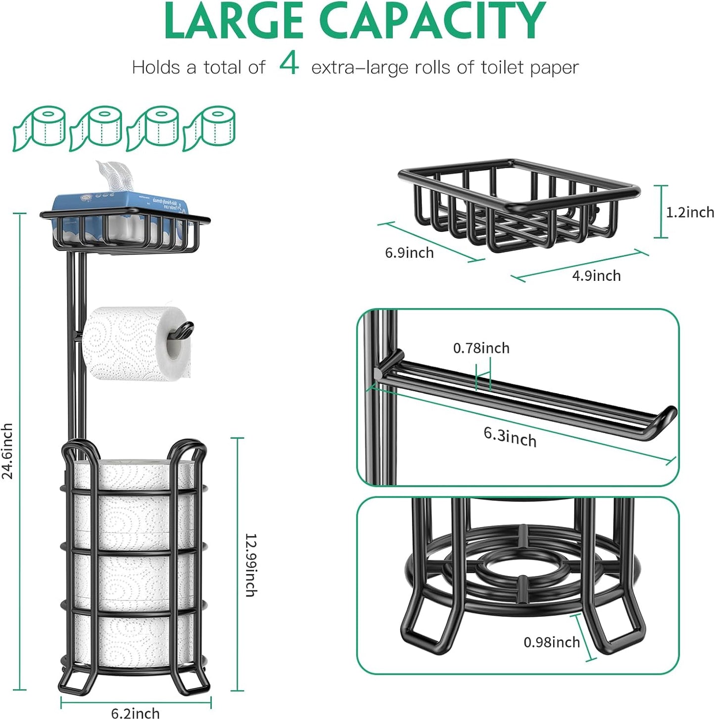 TomCare Toilet Paper Holder Free Standing with Shelf, Stable 4 Raised Feet | Stores 4 Mega Rolls, Tool-Free Assembly, Powder-Coated Metal Frame, Bathroom Storage Organizer for Spare Rolls, Silver
