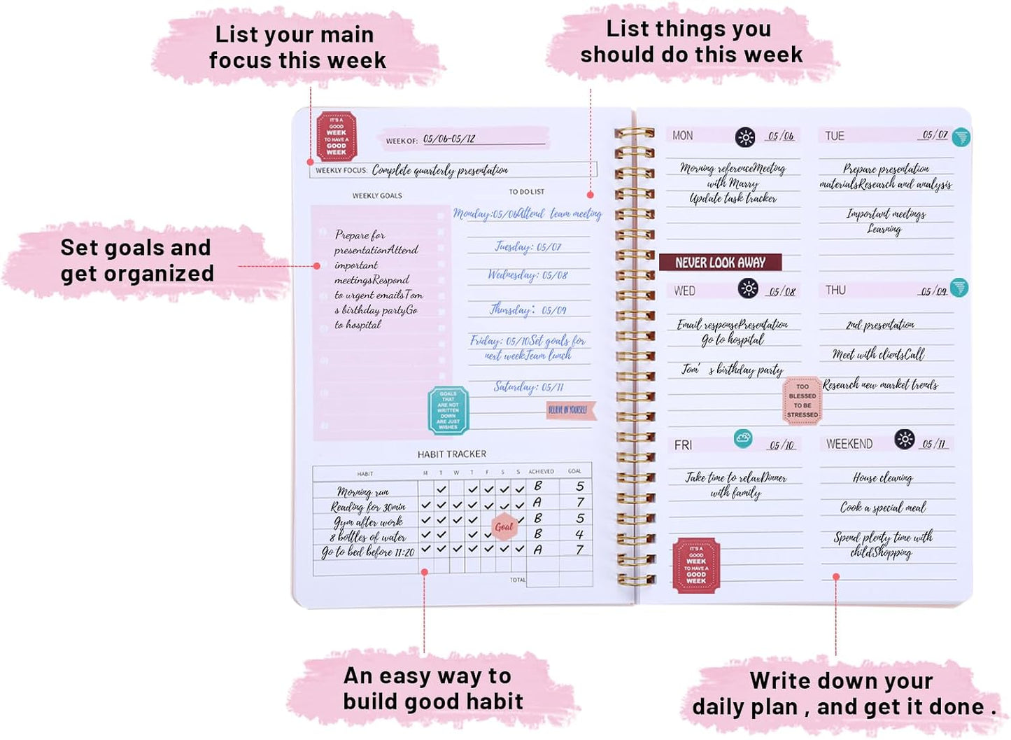 Thboxes A5 Weekly Planner Notebook, 52 Week Undated Journal for Women, Pink | Spiral Binding, Stickers, Planners for Home, Work, Office, College, School Supplies for Girls, Kids, Students, Teachers Gifts