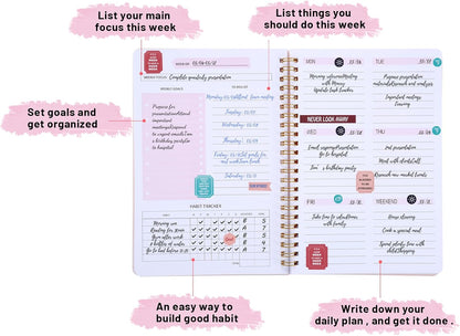 Thboxes A5 Weekly Planner Notebook, 52 Week Undated Journal for Women, Pink | Spiral Binding, Stickers, Planners for Home, Work, Office, College, School Supplies for Girls, Kids, Students, Teachers Gifts