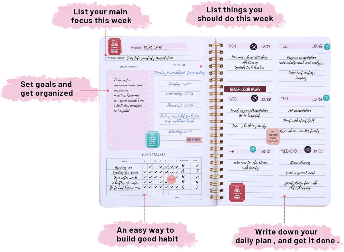 Thboxes A5 Weekly Planner Notebook, 52 Week Undated Journal for Women, Pink