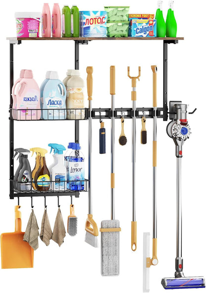 Broom Holder Wall Mount，With A Storage Basket Cleaning Tool Storage Rack | Multifunctional Broom And Mop Organizer Wall Hanger,Suitable Laundry Room 、Garage 、Kitchen Wall-mounted Storage Rack （Black）
