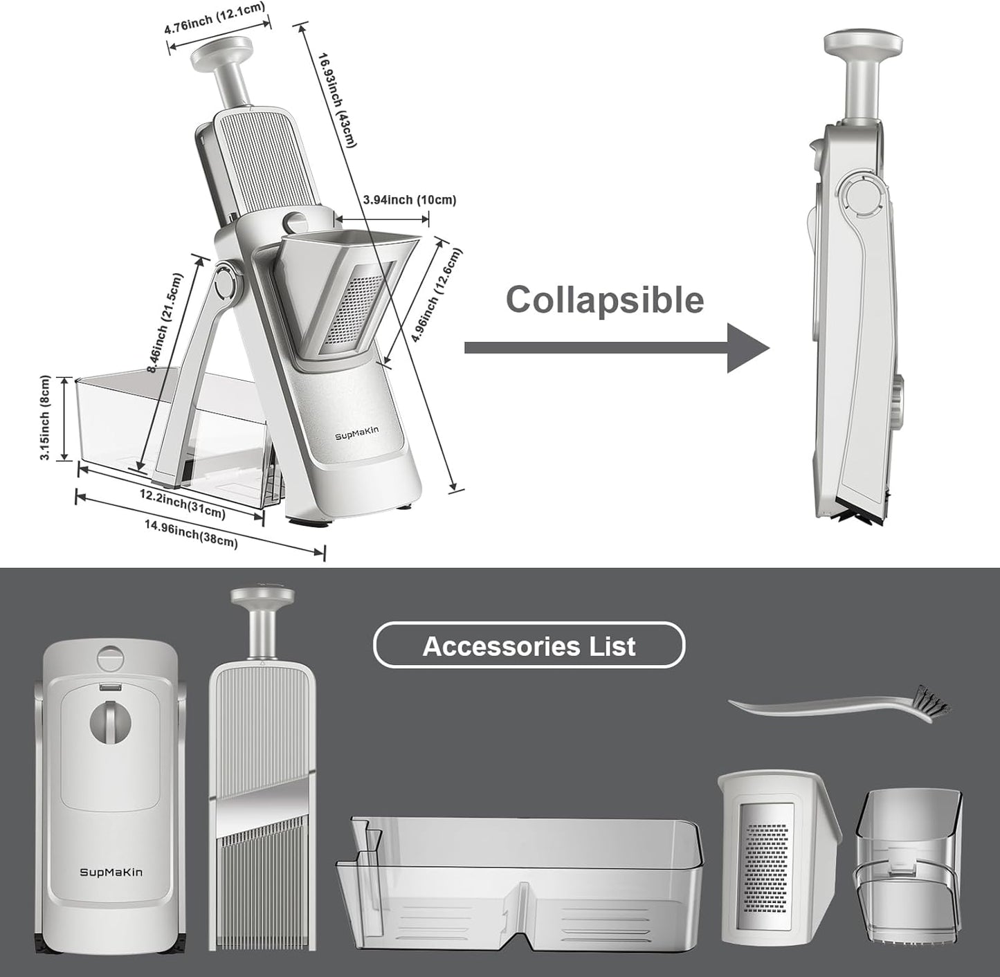 SupMaKin Safe Mandoline Slicer for Kitchen,Adjustable Potato Slicer 1-8 mm | for Vegetables Fruits Slicer with Container, Stainless Steel Blades,Faster Slicer Artifact Kitchen Gadgets Dishwasher Gifts