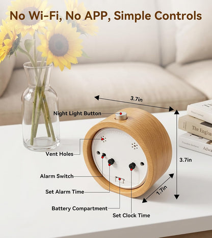 Wood Analog Alarm Clock: Silent Non-Ticking for Quiet Bedrooms | Small Battery Operated Natural Wooden Design - Warm Night Light Shows Time on Demand & 5-Minute Snooze Makes Mornings Easier