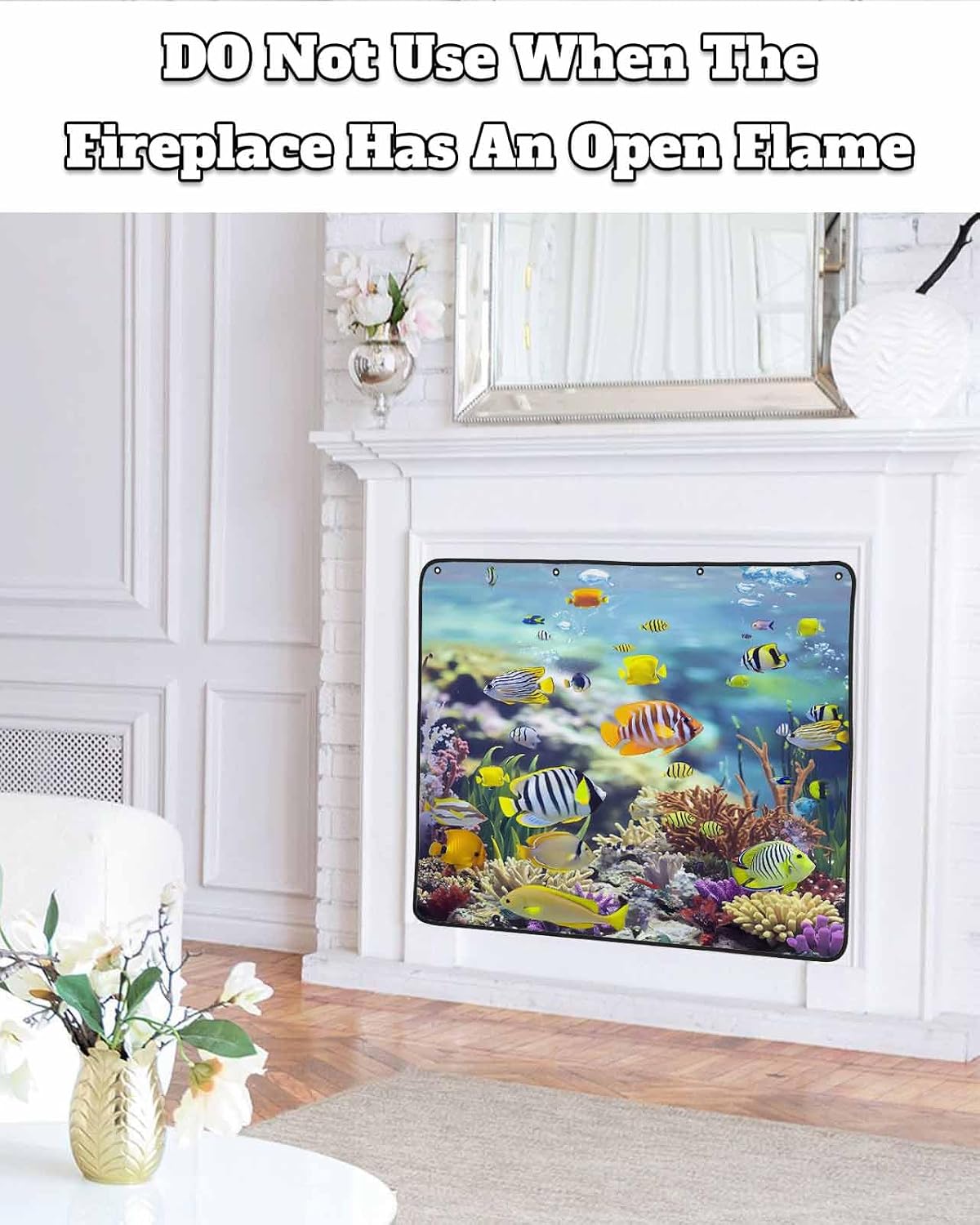 Coastal Magnetic Fireplace Cover, Fireplace Draft Blocker, Fish Nautical Summer Beach Ocean Fireplaces Blanket for Heat Loss/Cold Air, Fireplaces Draft Stopper Cover for Inside 45"x34"