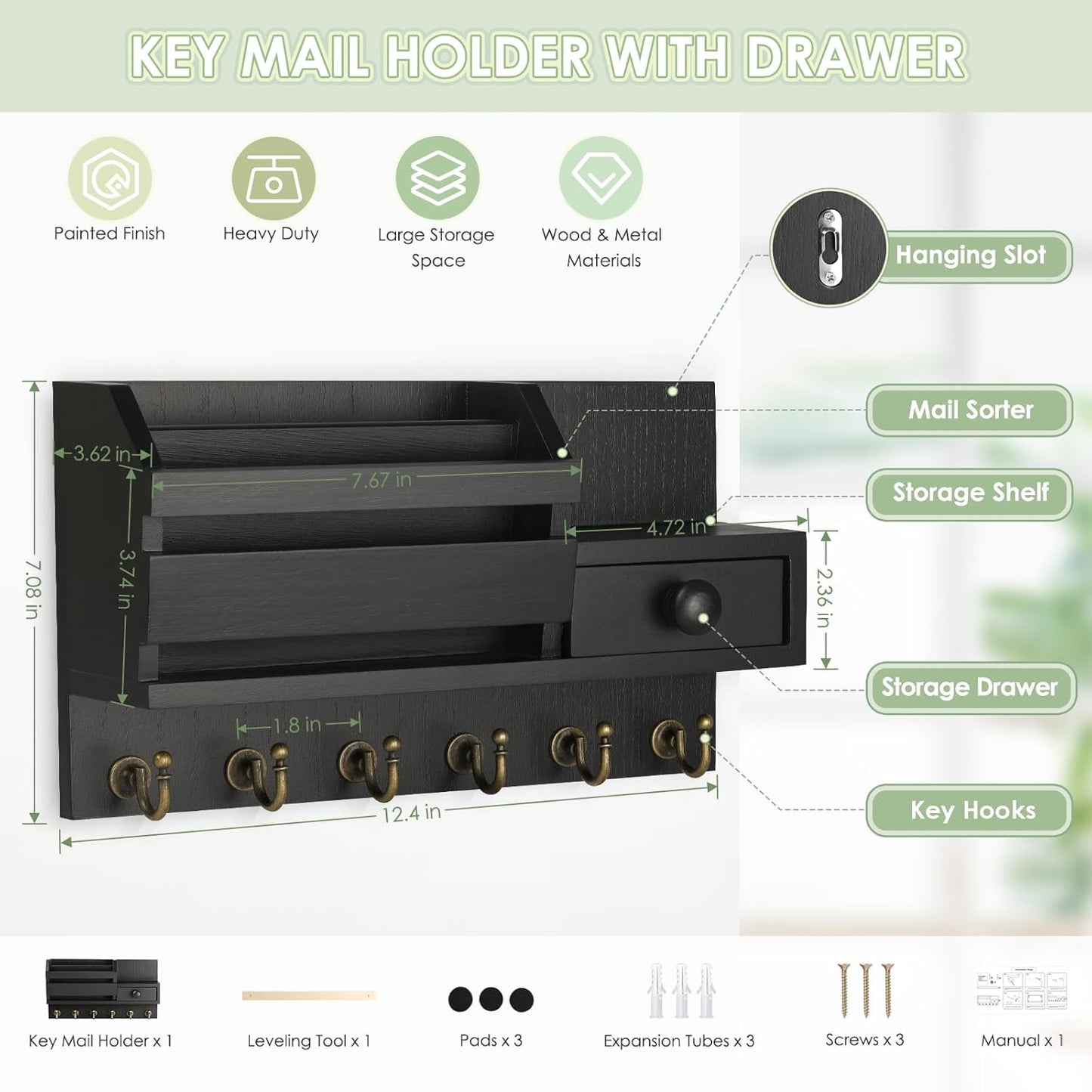 VIS'V Key Holder Wall Mount, Wooden Mail and Key Organizer, White | Contains Little Drawer, Small Shelf, 2 Slots, 6 Hooks, for Entryway, Hallway, Doorway, Kitchen, Garage, RV