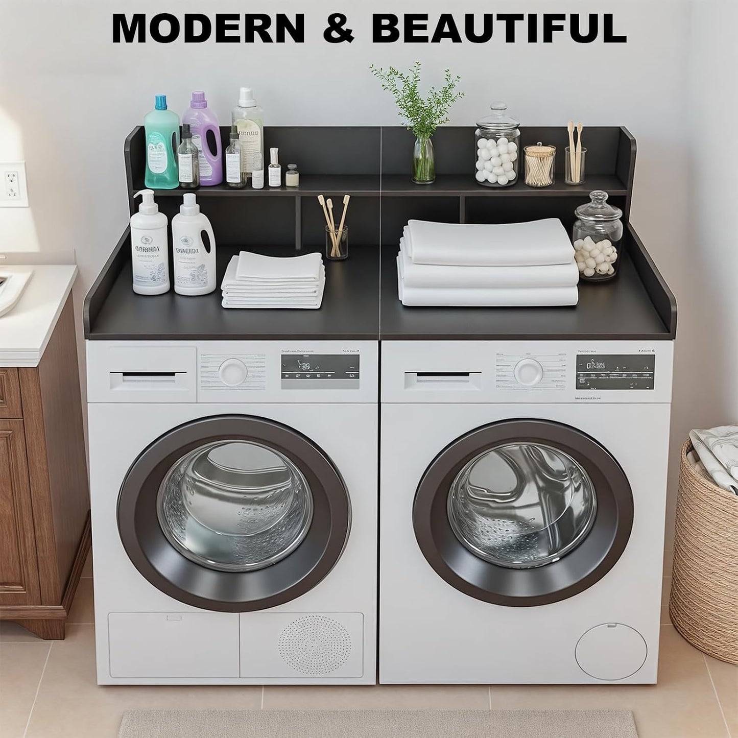 Washer Dryer Countertop with Shelf, 2-Tier Laundry Countertop Over Washer and Dryer, 54" x 27.55" Wooden Table for Folding Clothes for Laundry Room Organization and Storage (Oak)