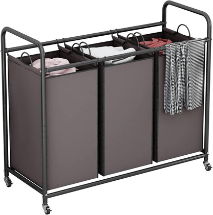 LINZINAR 3 Section Laundry Hamper, Black Laundry Basket 135L Laundry Sorter | Laundry Room Organization with Heavy Duty Rolling Lockable Wheels and Removable Bag, Bedroom Laundry Cart for Clothes Storage