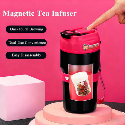 Portable 16OZ Insulated Tumbler with Magnetic Tea Infuser, Water Bottle | Stainless Steel, BPA-Free, Magnetic Detachable Strainer, One-Touch Brewing, For Loose Leaf Tea, Gift for Men & Women