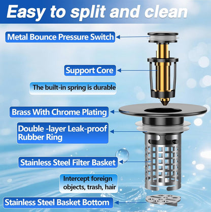Bathroom Sink Drain Strainer, Pop-up Sink Drain Strainer with Removable Stainless Steel Strainer Basket Hair Catcher, Bathroom Sink Strainer for Bathroom Sink Stopper Replacement(1PCS)