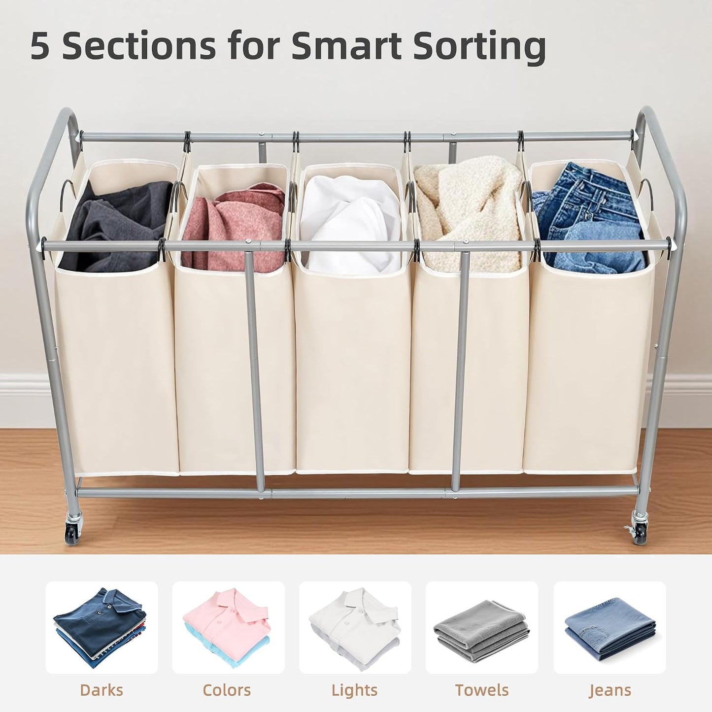 STORAGE MANIAC 3 Section Laundry Sorter, 35.6 Gal (135 L) Laundry Hamper Cart with Heavy Duty Rolling Lockable Wheels and Removable Bags, Clothes Organizer Basket Separator Hamper, Gray