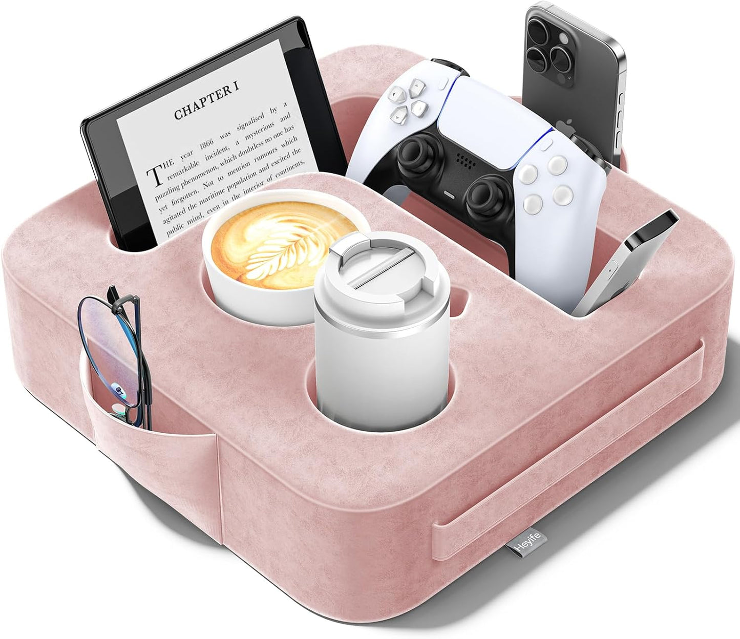 Couch Cup Holder Pillow, Sofa and Bed Caddy for iPad, Kindle, Switch, Game Controller, Remotes, Phones, Small-Sized Cup & Drink Holder for Couch, Bed, Desk, Car, Beach, Bathroom Cup Holder